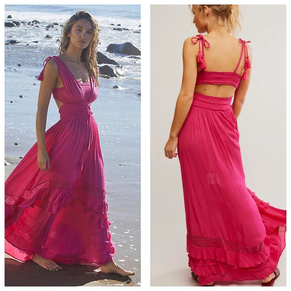 Free People Santa Maria Maxi Pink Ruffle Hem Dress Bohemian Beach Vacation